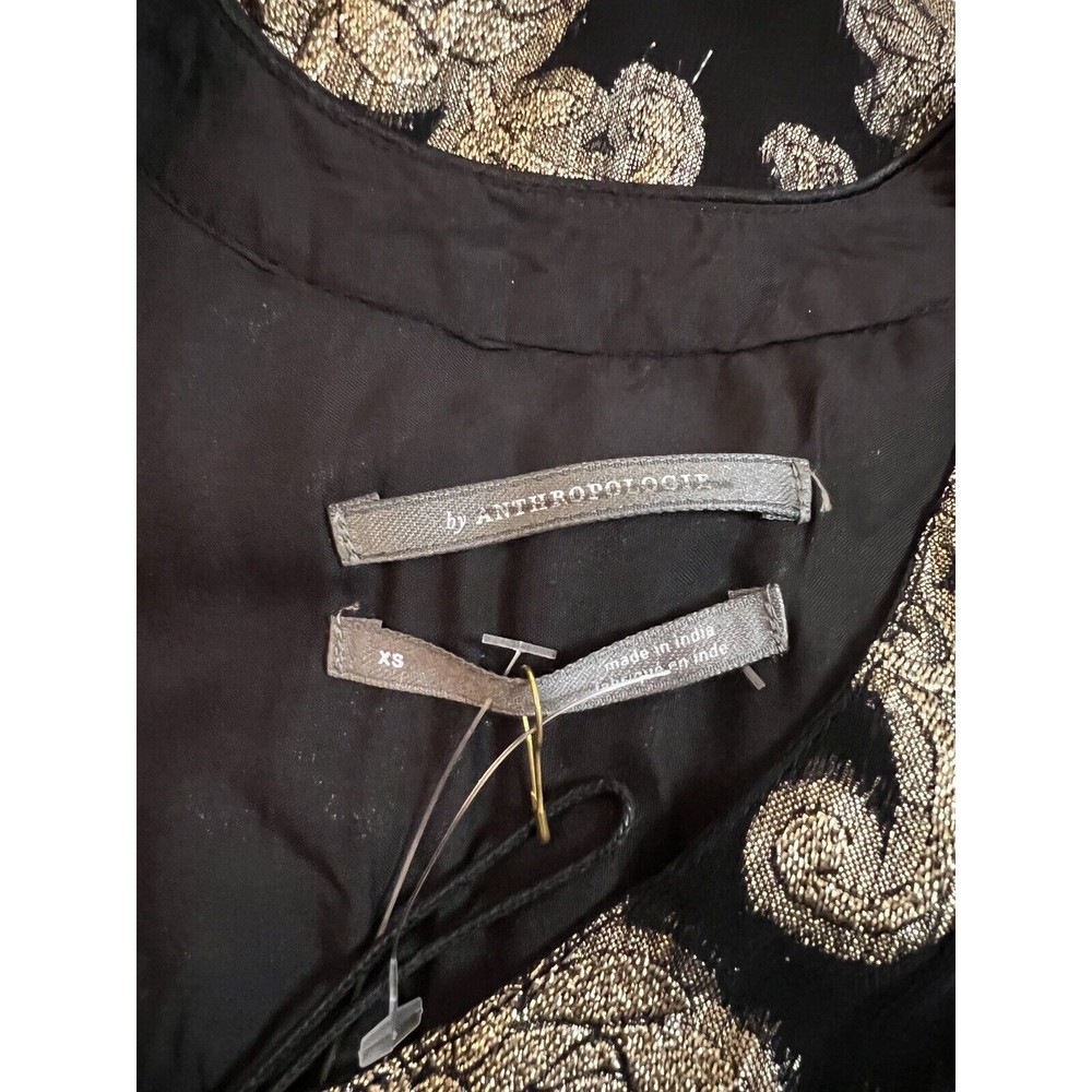 NWT Anthropologie Black Gold Metallic Foil Long Sleeve Ruffle Tunic Dress Sz XS - Picture 3 of 7